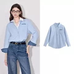 TOYOUTH informal-Blusa de manga larga para mujer, camisa con cuello vuelto, diseño de bolsillo, Color contrastante, otoño, 2024 on internet