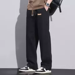 Pantalones vaqueros elásticos de cintura elástica para hombre, ropa de calle suelta, longitud completa, pantalones vaqueros rectos de pierna ancha con cordón, azul oscuro - buy online
