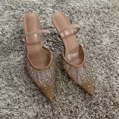Nuevas sandalias de verano para mujer, calzado de tacón alto de malla brillante con diamantes de imitación, zapatos de tacón elegantes con talón descubierto y puntiagudos para fiesta para mujer