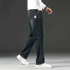 Image of Pantalones vaqueros elásticos de cintura alta para hombre, Jeans clásicos de negocios informales para oficina, a la moda, color azul marino, otoño e invierno, nuevos