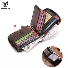 Imagen de Cartera Bullcaptain retro RFID con cremallera y compartimento para hombre, tarjetero RFID, mini cartera de cuero antirrobo para hombre