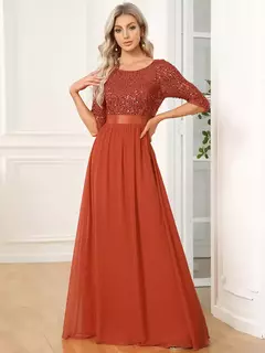Vestidos de Noche elegantes, vestido largo de encaje de manga tres cuartos con cuello redondo, corte en A, 2021, vestido sencillo de graduación para mujer Ever Pretty Of Orchid - Eleganzie