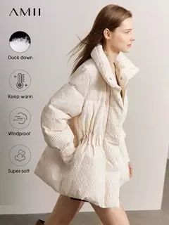 AMII-abrigo acolchado minimalista de plumón de pato para mujer, ropa de abrigo cálida con solapa y cuello levantado ligero, chaquetas nuevas de invierno 2025 12344052