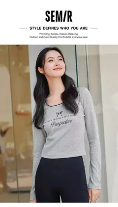 Semir-Camiseta de manga larga para mujer, Top ajustado de encaje suave, estilo corto con lazo y diseño de letras dulces, novedad de otoño, 2024 en internet