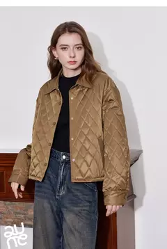 TOYOUTH Chaqueta de algodón para mujer 2024 Otoño e Invierno nuevo estilo de dinero viejo rejilla cuello POLO botón a presión Chaqueta corta abrigo marrón - comprar en línea