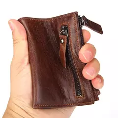 Cartera corta de cuero genuino a la moda para hombre con cremallera, cartera de diseño de lujo RFID para hombre, tarjetero de alta calidad