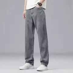 2025, nuevo verano, pantalones vaqueros ultrafinos de Lyocell para hombre, tela suave drapeada, pantalones vaqueros informales rectos sueltos, pantalones elásticos de seda helada para hombre