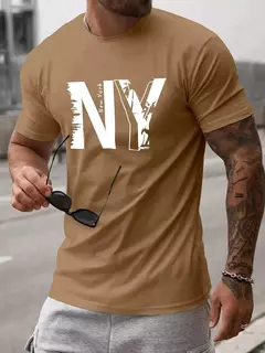 Camiseta holgada informal de algodón puro 100% de verano para hombre de talla grande con estampado de letras NY, camiseta deportiva cómoda de manga corta con cuello redondo - Eleganzie