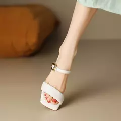 Image of FEDONAS-Zapatillas de tacón alto de piel auténtica para mujer, zapatos cómodos y elegantes con hebilla para oficina y fiesta, 2024