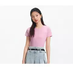 Semir-Camiseta de manga corta para mujer, Top recortado bordado ajustado informal, Top básico con cuello redondo y hombros descubiertos, novedad de verano 2025