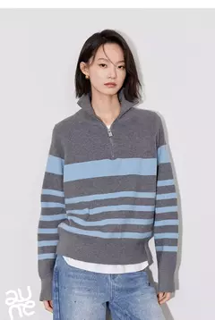 TOYOUTH-suéter de punto para mujer, suéter con capucha y cuello tipo Polo con cremallera a rayas, otoño e invierno, 2024 - Eleganzie