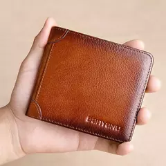 Cartera corta triple con protección RFID para hombre, monedero con Clip para billetes de cuero genuino de vaca Horizontal, regalos - tienda en línea