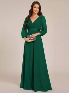 Vestidos de noche clásicos con cuello en V, mangas largas, cintura imperio, longitud hasta el suelo, vestido de dama de honor negro de gasa Ever Pretty 2025 - comprar en línea