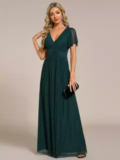 Vestidos de Noche elegantes, tela de malla con cintura con lazo y escote en V profundo brillante, vestido de dama de honor Ever Pretty of Teal 2025