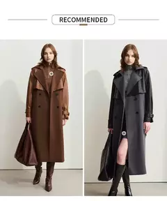 Image of AMII gabardina minimalista para mujer 2024 Otoño Invierno nueva sarga empalmada de cuero PU prendas de vestir exteriores largas para ir al trabajo 12444001