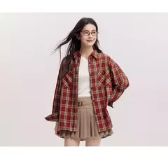 Semir camisa de manga larga para mujer estilo medio largo de gran tamaño primavera 2025 nueva primavera Top a cuadros Vintage - Eleganzie