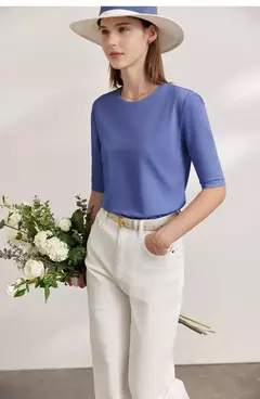 AMII minimalismo 2025 camisetas de verano para mujer nuevo algodón elástico media manga recta sólida básico Oficina señora Tops 12412016 en internet
