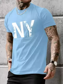 Camiseta holgada informal de algodón puro 100% de verano para hombre de talla grande con estampado de letras NY, camiseta deportiva cómoda de manga corta con cuello redondo - online store