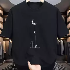 Camiseta holgada informal de algodón puro 100% de verano para hombre, camiseta de manga corta con estampado de aterrizaje de Luna de talla grande y cuello redondo - buy online