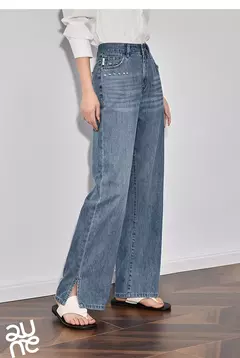 TOYOUTH Jeans de mezclilla para mujer 2025 primavera hechos a mano nuevos pantalones largos de pierna ancha rectos lavados azul claro