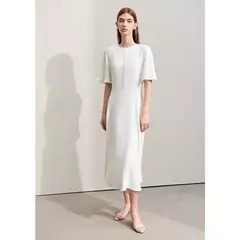 Amii-Vestidos minimalistas de verano para mujer, traje liso con cuello redondo, malla empalmada, manga larga con volantes, cintura francesa, 2024