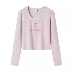 Semir-Camiseta de manga larga para mujer, Top ajustado de encaje suave, estilo corto con lazo y diseño de letras dulces, novedad de otoño, 2024 - Eleganzie