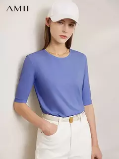 Imagen de AMII minimalismo 2025 camisetas de verano para mujer nuevo algodón elástico media manga recta sólida básico Oficina señora Tops 12412016