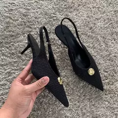 Zapatos de tacón alto negros a la moda para mujer, zapatos de tacón sexis con boca poco profunda y puntiaguda, zapatos de oficina con talón descubierto para primavera 2025