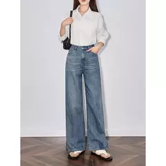 TOYOUTH Jeans de mezclilla para mujer 2025 primavera hechos a mano nuevos pantalones largos de pierna ancha rectos lavados azul claro