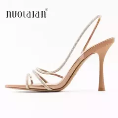 2023 mujeres verano Rhinestone Slingback bombas Oficina señora Sandalias de tacón transparente elegante punta puntiaguda mujer Sexy tacones altos - buy online