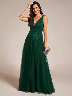 Preciosos vestidos de noche con cuello en V, sin mangas, cintura alta, tul transparente con lentejuelas, vestido de dama de honor azul marino Ever Pretty 2025 - comprar en línea
