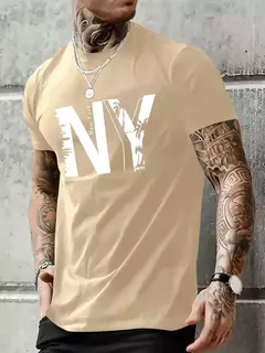 Camiseta holgada informal de algodón puro 100% de verano para hombre de talla grande con estampado de letras NY, camiseta deportiva cómoda de manga corta con cuello redondo on internet