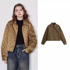 TOYOUTH Chaqueta de algodón para mujer 2024 Otoño e Invierno nuevo estilo de dinero viejo rejilla cuello POLO botón a presión Chaqueta corta abrigo marrón