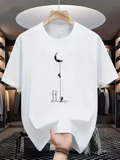 Camiseta holgada informal de algodón puro 100% de verano para hombre, camiseta de manga corta con estampado de aterrizaje de Luna de talla grande y cuello redondo - Eleganzie