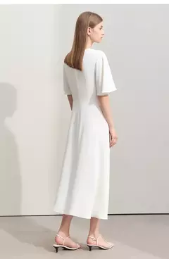 Amii-Vestidos minimalistas de verano para mujer, traje liso con cuello redondo, malla empalmada, manga larga con volantes, cintura francesa, 2024 - comprar en línea