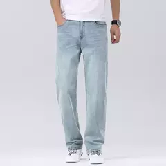 Pantalones vaqueros informales elásticos de algodón puro para hombre, pantalones de pierna ancha rectos holgados clásicos, pantalones vaqueros lavados de marca de alta calidad - Eleganzie