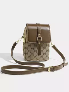 Bolso redondo pequeño con cruz diagonal a cuadros para mujer, bolso de hombro con tapa retro en contraste - Eleganzie