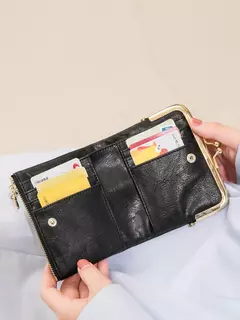 Imagen de MIYIN-cartera pequeña de cuero para mujer, monedero Vintage plegable, compacto, con cremallera y cierre de beso