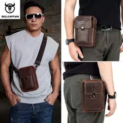 Imagen de BULLCAPTAIN, riñonera de cuero Crazy Horse para hombre, bolsa para teléfono, riñonera pequeña para hombre, bolso con cinturón para el pecho, mochila YB075