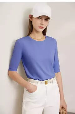 Imagen de AMII minimalismo 2025 camisetas de verano para mujer nuevo algodón elástico media manga recta sólida básico Oficina señora Tops 12412016