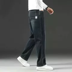 Pantalones vaqueros elásticos de cintura alta para hombre, Jeans clásicos de negocios informales para oficina, a la moda, color azul marino, otoño e invierno, nuevos - Eleganzie