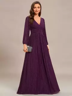 Vestido de noche elegante Maxi largo con cuello en V y mangas largas Cintura alta 2025 Ever Pretty of Sparkle Vestido de dama de honor morado brillante - comprar en línea