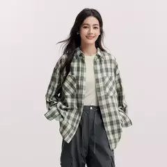 Semir camisa de manga larga para mujer estilo medio largo de gran tamaño primavera 2025 nueva primavera Top a cuadros Vintage - comprar en línea
