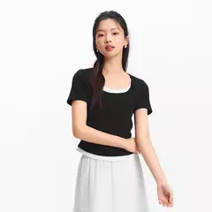 Semir-Camiseta de manga corta para mujer, Top corto falso de dos piezas, versátil, novedad de verano 2021, Top ajustado con cuello en U, adelgazante para estilo elegante - comprar en línea