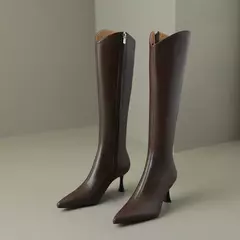 QUTAA-Botas hasta la rodilla de cuero genuino para mujer, zapatos de tacón alto fino, botas de motocicleta para fiesta, talla 34-39, 2024