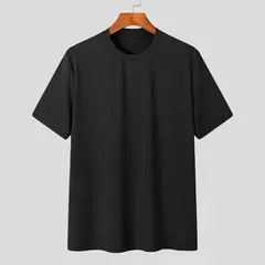 Image of Ropa de verano para hombre, camiseta ligera de lujo, ocio, manga larga, cuello redondo, drapeado, Color sólido, camisa básica holgada, prendas de punto populares