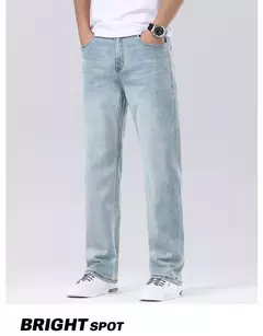 Image of Pantalones vaqueros informales elásticos de algodón puro para hombre, pantalones de pierna ancha rectos holgados clásicos, pantalones vaqueros lavados de marca de alta calidad