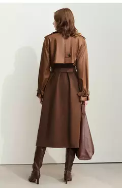 AMII gabardina minimalista para mujer 2024 Otoño Invierno nueva sarga empalmada de cuero PU prendas de vestir exteriores largas para ir al trabajo 12444001 - buy online