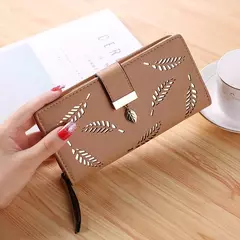 Imagen de Cartera de moda para mujer, monedero de cuero PU para teléfono, bolsa de hojas huecas para mujer, bolso de mano para mujer, tarjeteros, carteras largas