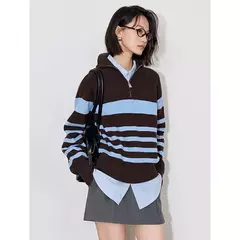 TOYOUTH-suéter de punto para mujer, suéter con capucha y cuello tipo Polo con cremallera a rayas, otoño e invierno, 2024 - comprar en línea